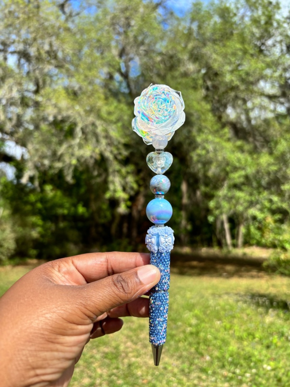 Handcrafted Rhinestone Iridescent Rose Beaded Pen - Blue and Opal Tones